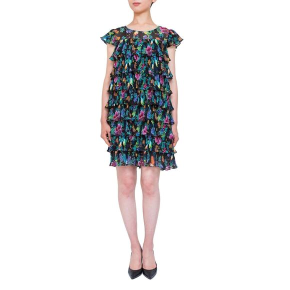 NWOT TARA JARMON Chiffon Pleated Tiered Dress in Multi Floral & Bird Print - Picture 2 of 15